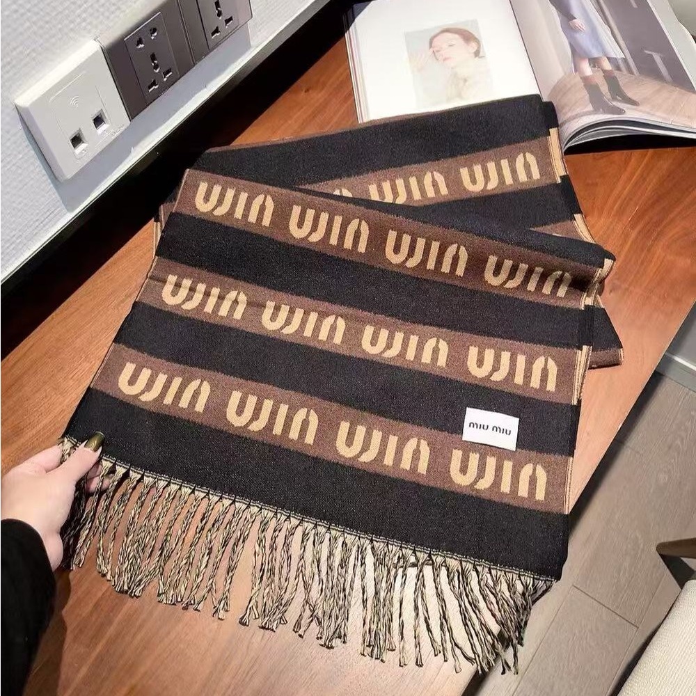 Miu Miu Brown & Black Logo Fringe Wool Scarf